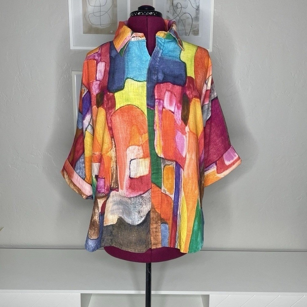 Dilemma Shirt Womens OS Multi Color Abstract Art‎ Print Cotton Button Up Top